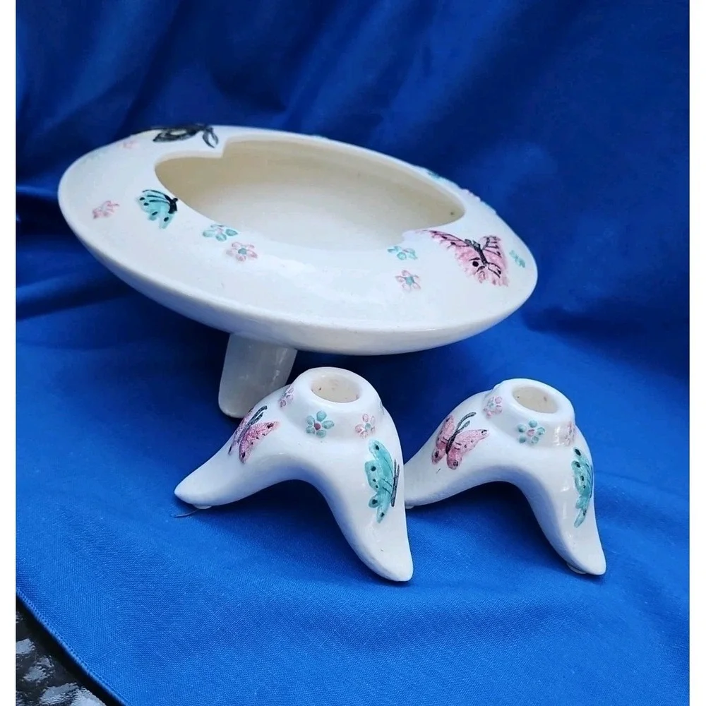VTG Hull Pottery BUTTERFLY Console Bowl Candle Holder Set MCM Atomic Centerpiece